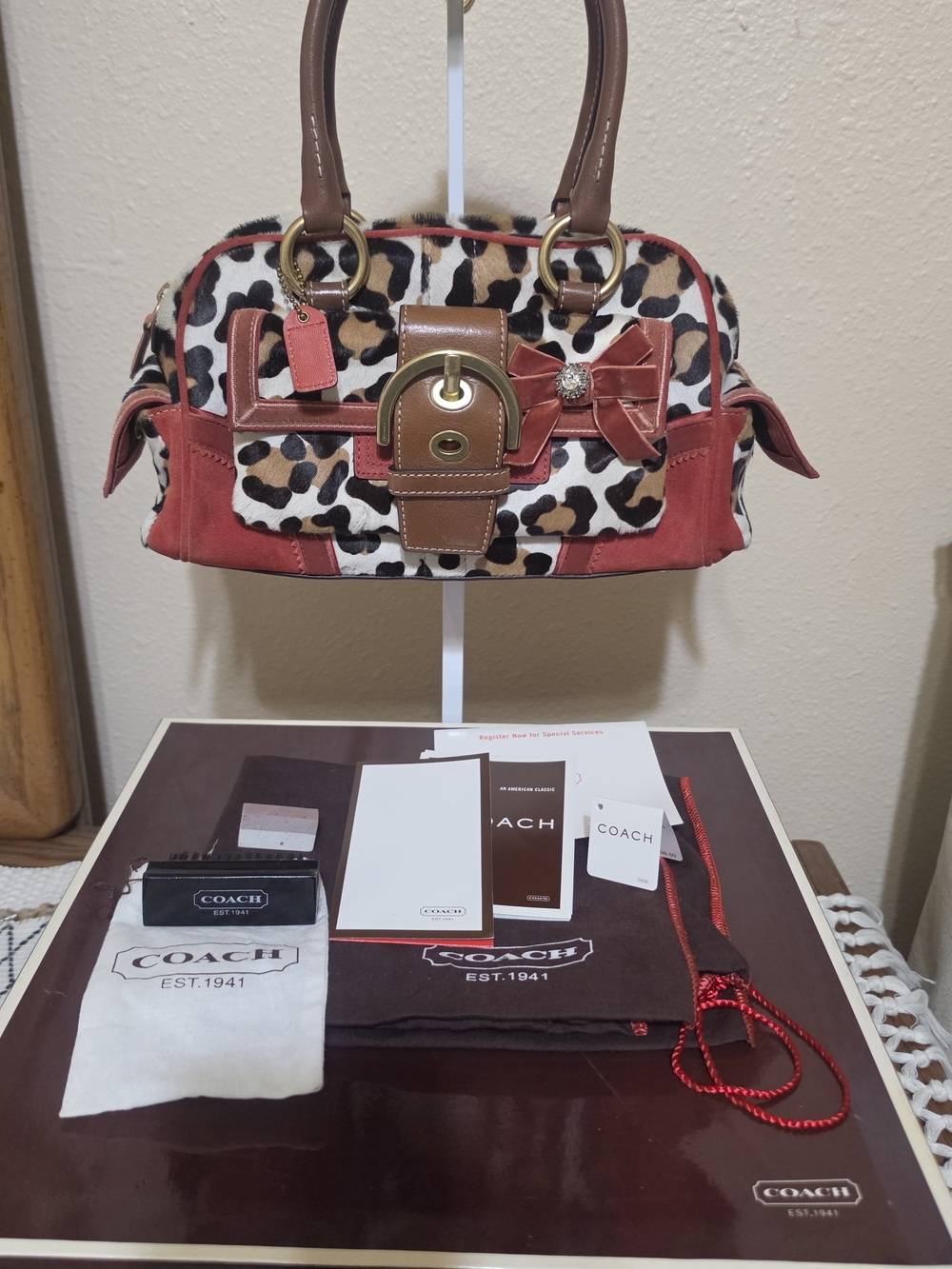 Coach Leopard Print Suede & Leather Satchel in Red